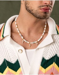 Nialaya Jewellery - Men's Cross Pearl Choker with Evil Eyes