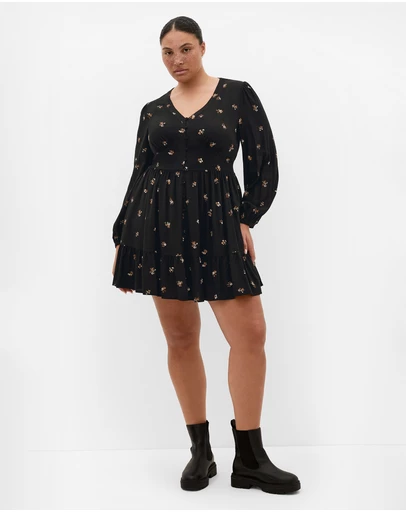City Chic - Plus size Elsie Print Long Sleeve Mini Dress - black