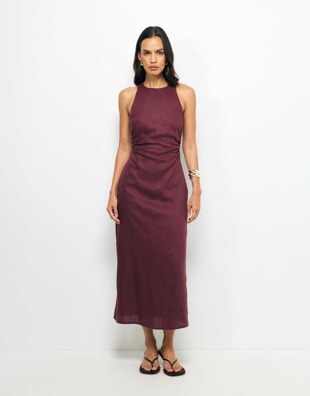 AERE - Elow Ruched Linen Midi Dress
