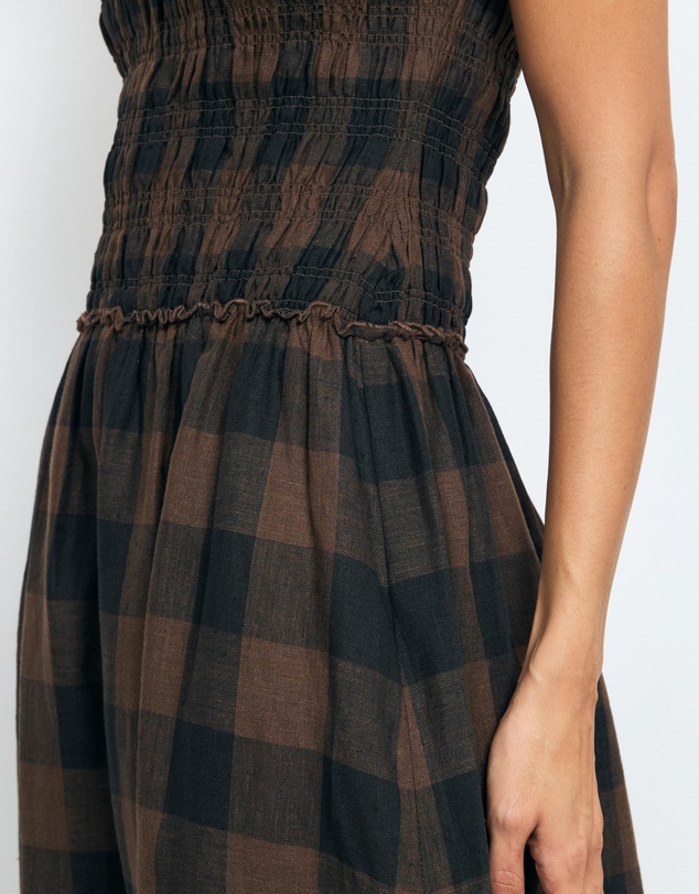 AERE - Inka Linen Gingham Shirred Maxi Dress