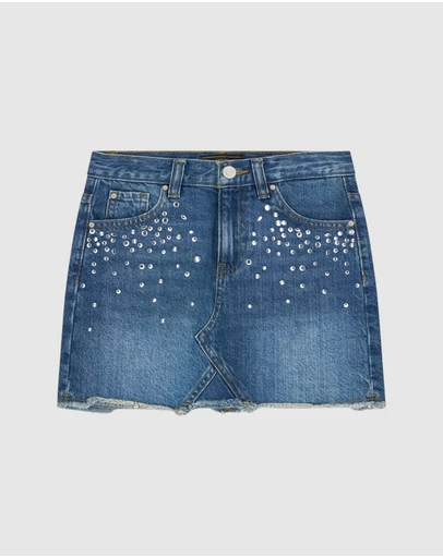 GUESS - Rhinestone Rigid Denim Mini Skirt