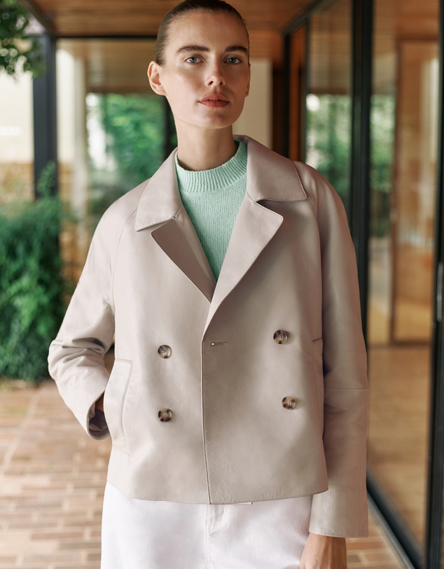 Trenery - Leather Double Breasted Cropped Jacket in Stone