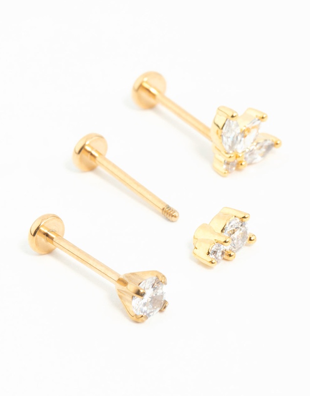 Lovisa - Gold Plated Surgical Steel Double Cubic Zirconia Flat Backs 3-Pack