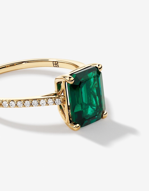 Michael Hill - Emerald Cut Green Created Emerald Gemstone and Diamond Ring in 10kt Yellow Gold