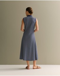 Trenery - Cotton Pique Stripe Sleeveless Polo Dress in Navy