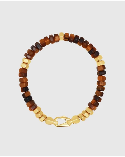 Nialaya Jewellery - Men's Hexagon Beaded Bracelet with Tiger Eye and Gold