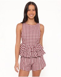 Petal & Pup - Landon Tiered Peplum Top - Burgundy Gingham