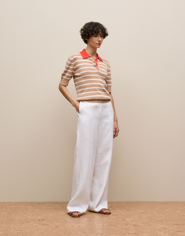 Trenery - Cotton Cashmere Stripe Rib Knit Polo in Light Camel