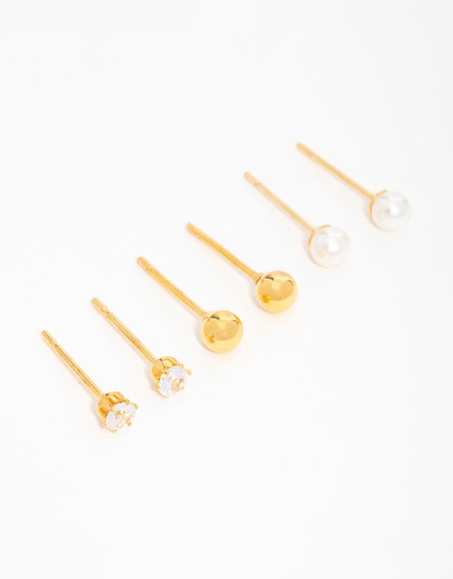 Lovisa - Gold Plated Surgical Steel Small Pearl & Cubic Zirconia Stud Earrings 3-Pack