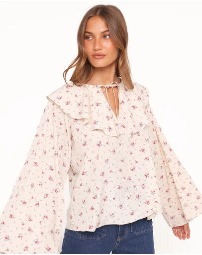 Petal & Pup - Denise Ruffle Neck Blouse - Ivory Floral