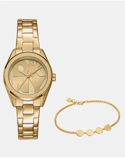 DKNY - Logo Gold 28mm Gold Dial Womens Watch + Gold Bracelet