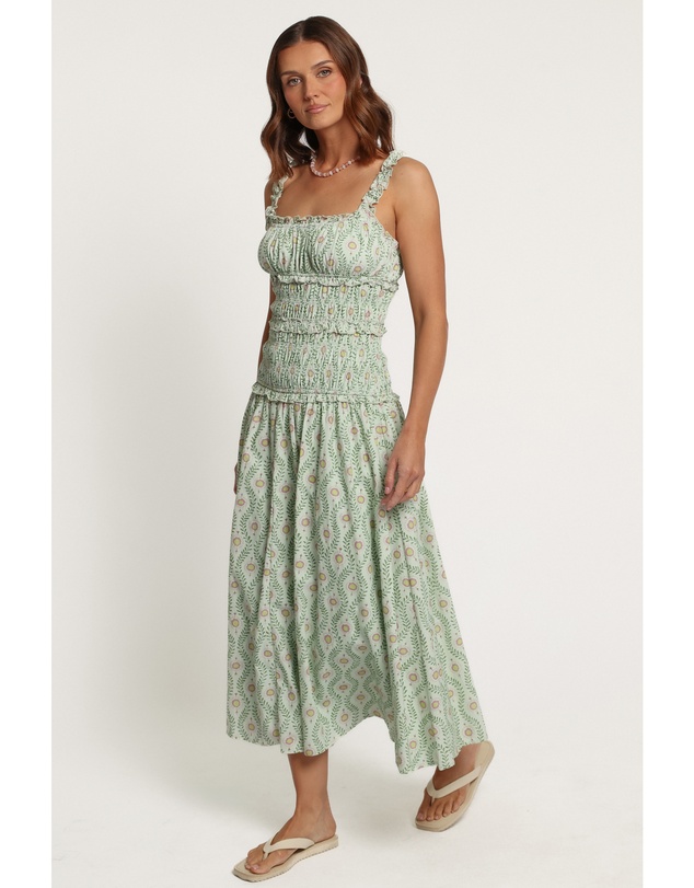 Petal & Pup - Enola Gather Midi Dress - Green Pink Geo