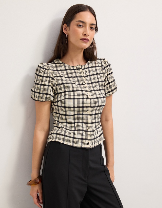 The Fated - Adela Check Puff Sleeve Top