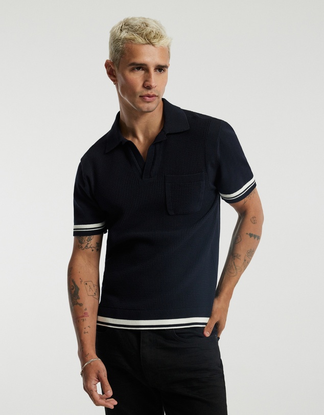 Calibre - Striped Trim Textured Knit Polo Navy