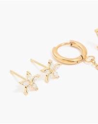 Lovisa - Waterproof Gold Plated Stainless Steel Cubic Zirconia Flower Hoop Chain & Flower Ear Stackers 2-Pack