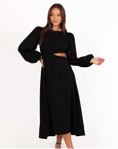 Petal & Pup - Ginnee Puff Sleeve Cutout Midi Dress - Black