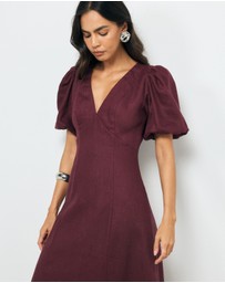AERE - Lori Puff Sleeve Linen Midi Dress