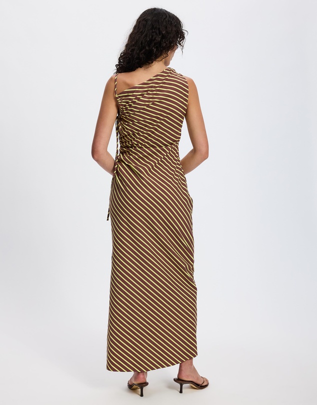 TOPSHOP - Topshop Ruched Side Gathered Shoulder Midi Dress In Brown Lime Stripe