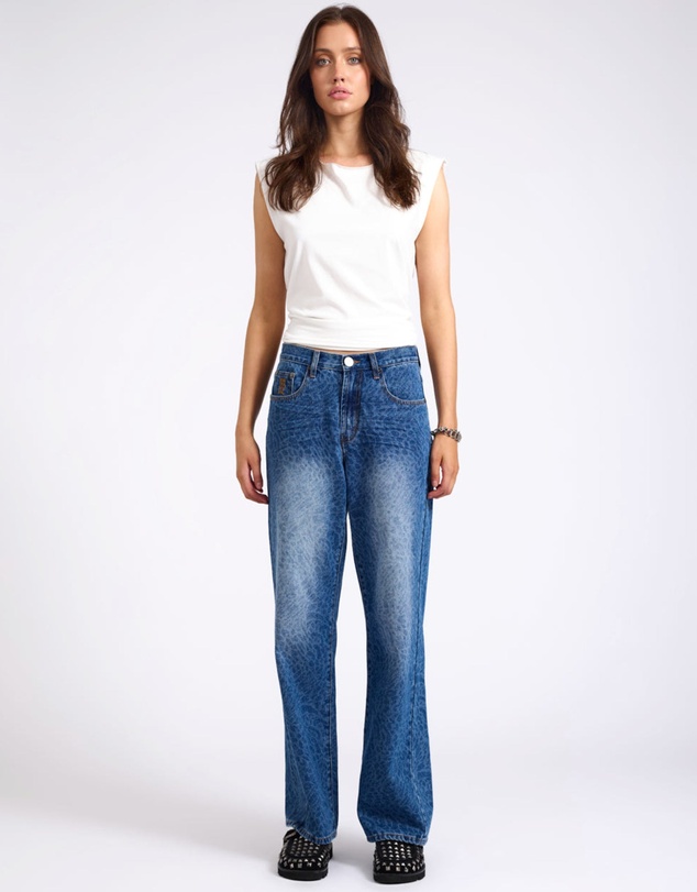 ONE TEASPOON - Jackson Mid Waist Wide Leg Denim Jeans - Blue Animal