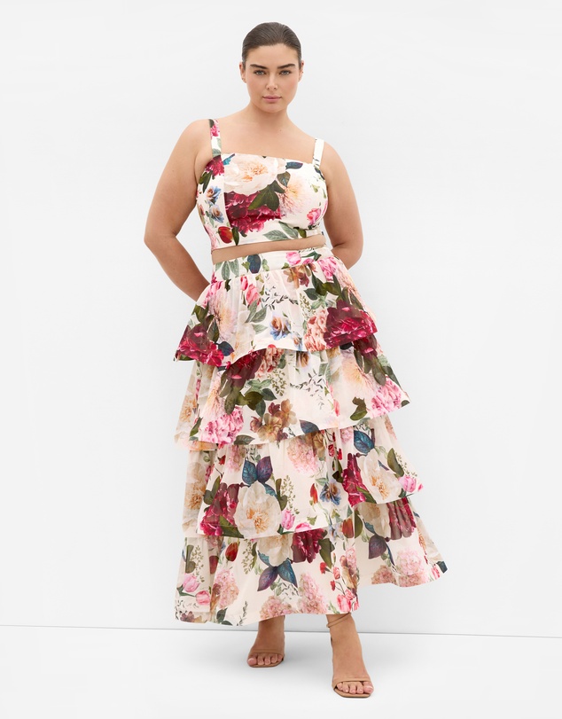 City Chic - Plus size Bianka Botanical Print Tiered Skirt - creme