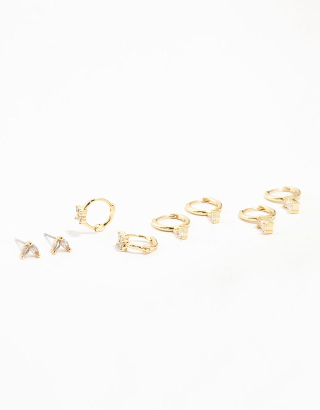 Lovisa - Gold Plated Brass Cubic Zirconia Hoop Earrings 4-Pack
