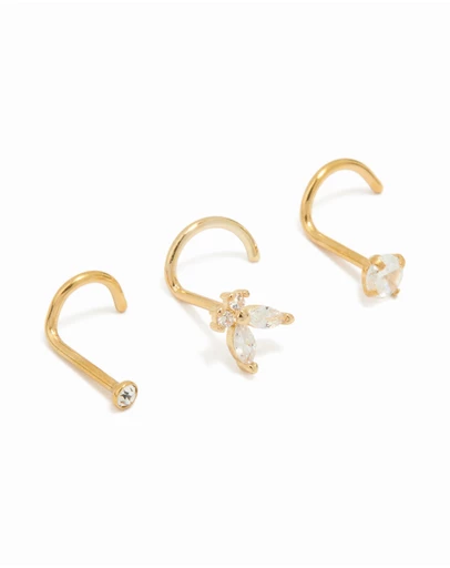 Lovisa - Gold Plated Titanium Diamante Butterfly & Classic Nose Studs 3-Pack
