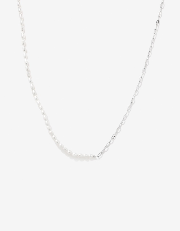 Michael Hill - Half Cultured Freshwater Pearl Half Paperclip Chain Necklace in Sterling Silver