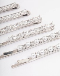 Lovisa - Silver Plated Cubic Zirconia Mixed Stone & Pearl Hair Clips 6-Pack