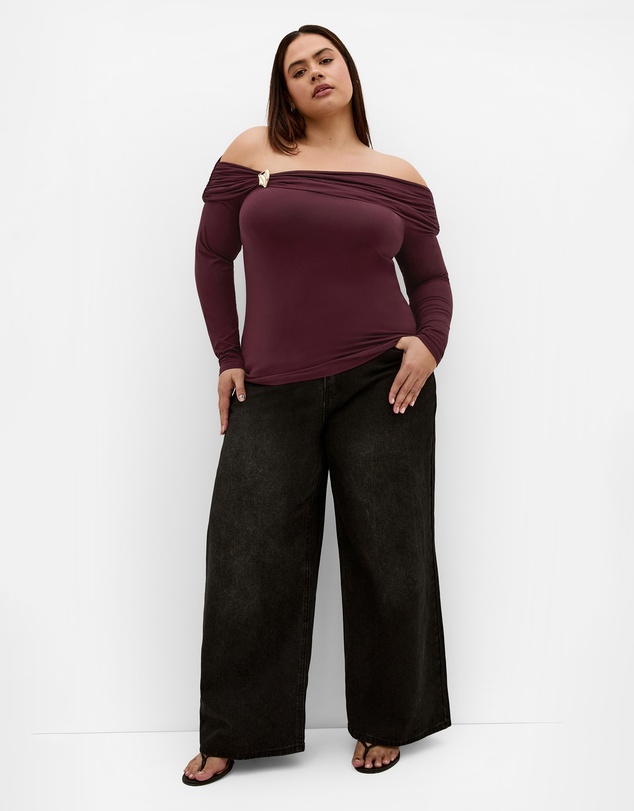 City Chic - Plus size Buckle Off Shoulder Long Sleeve Top - bordeaux