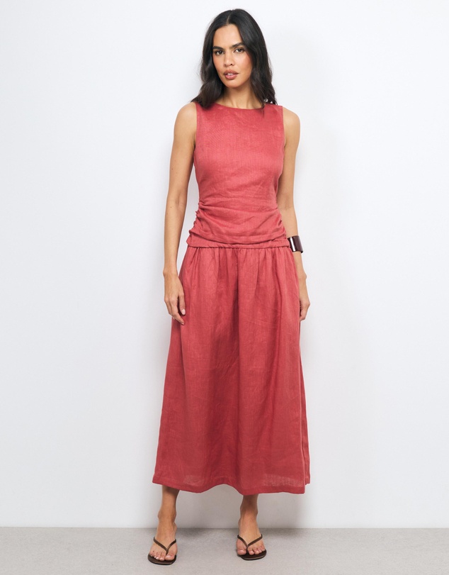 AERE - Eira Ruched Drop Waist Linen Maxi Dress