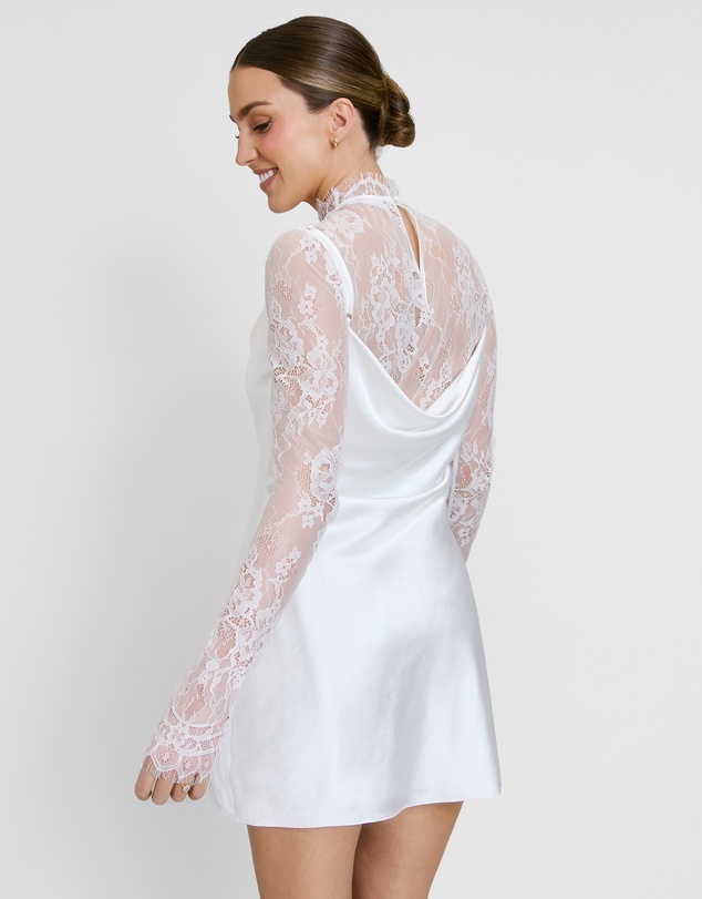 Six Stories - Lace Sleeve Cowl Satin Mini Dress