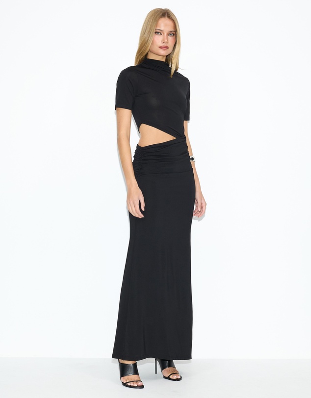 Dazie - Evening Gem Ruched Cut Out Short Sleeve Jersey Maxi Dress