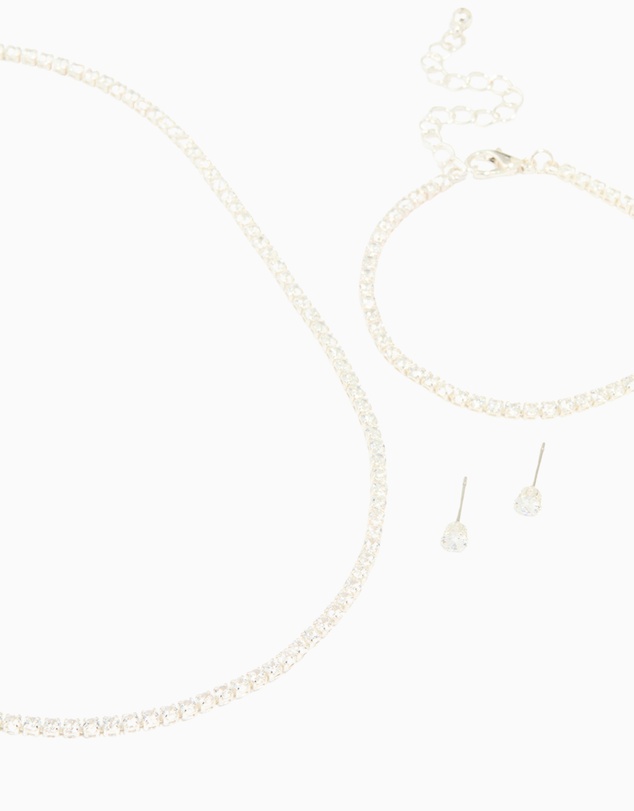 Lovisa - Silver Cubic Zirconia Tennis Necklace, Bracelet & Earrings Set
