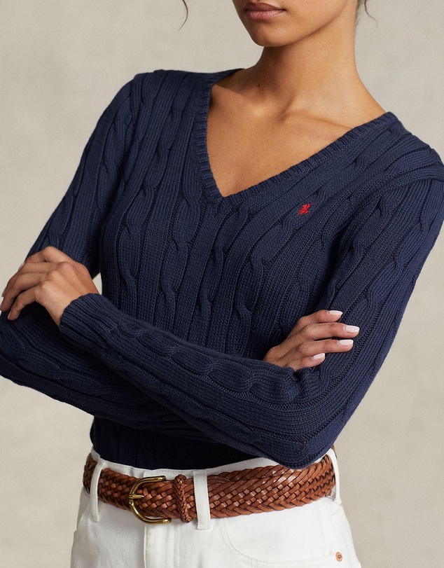 Polo Ralph Lauren - Kimberly Cable Knit Cotton V-Neck Sweater