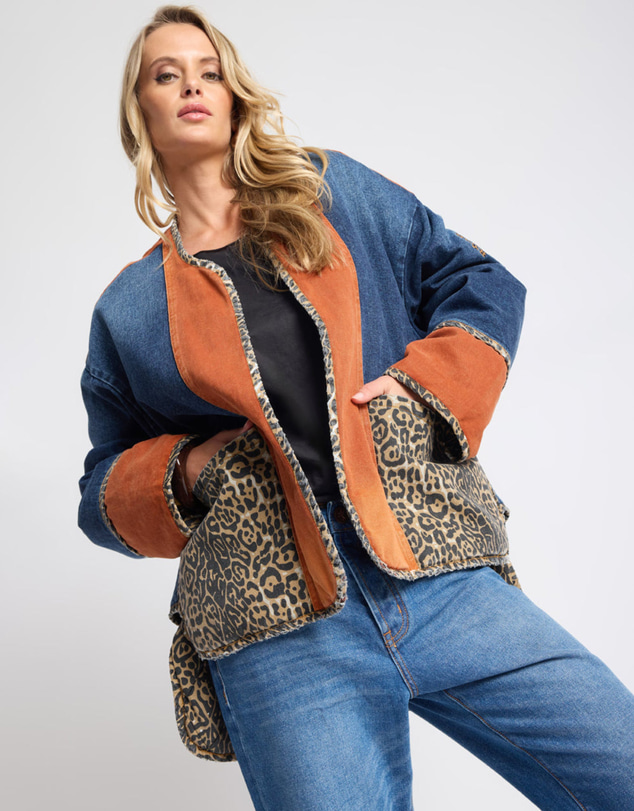 ONE TEASPOON - Bang Bang Reversible Colour Blocked Denim Wadded Jacket - Animal Blue Rust
