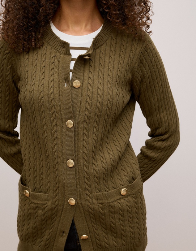 Trenery - Cotton Cable Knit Longline Cardigan in Dark Khaki