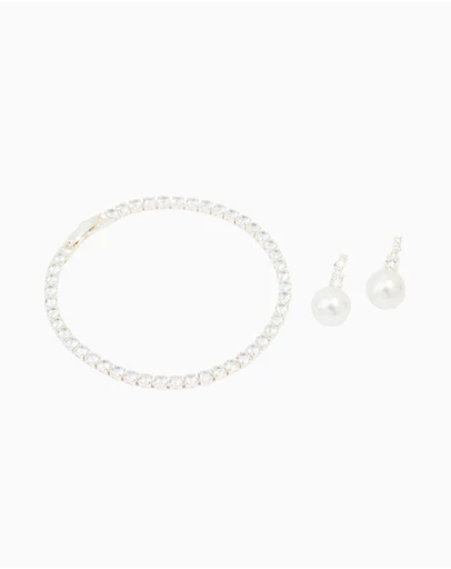 Lovisa - Silver Plated Cubic Zirconia Pearl Earrings & Tennis Bracelet Set