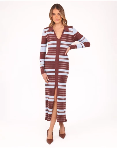 Petal & Pup - Eliana Long Sleeve Midi Dress - Brown Blue Stripe