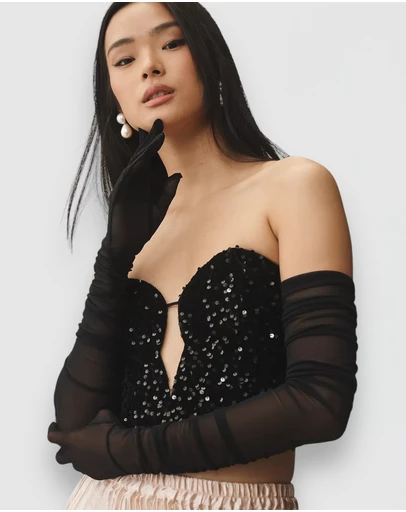High Heel Jungle - Ariana Ruched Mesh Opera Glove - Black