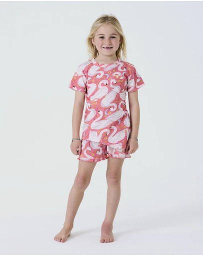 Kip&Co - Swanette Kids Organic Cotton Short Sleeve Tee and Frill Shorts Pyjama Set - Kids