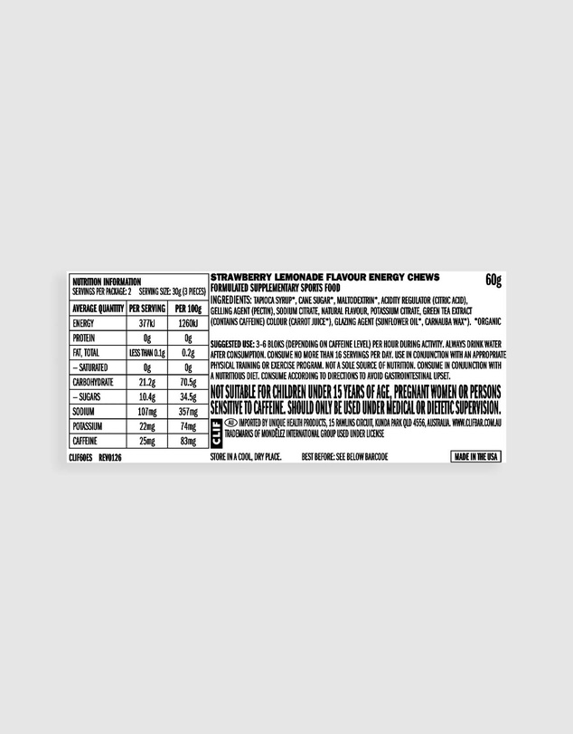 CLIF - Sour Strawberry Lemonade Bloks Energy Chews - 18x60g