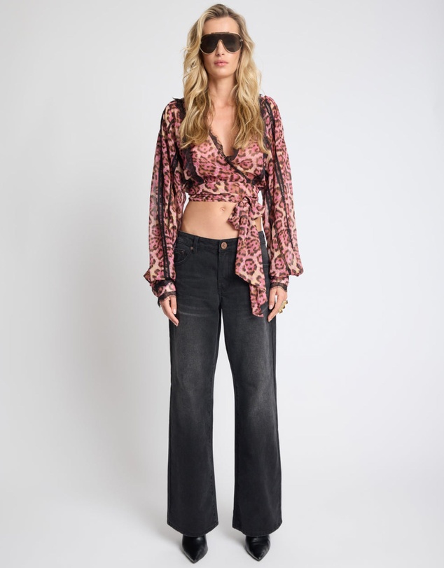 ONE TEASPOON - Songbird Sheer Balloon Sleeve Tie-Up Blouse - Pink Leopard