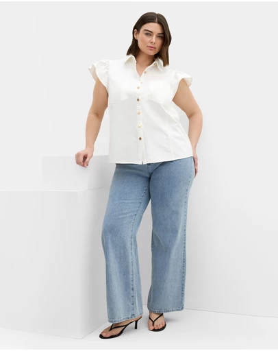 City Chic - Plus size Kelise Flutter Sleeve Cotton Shirt - ivory