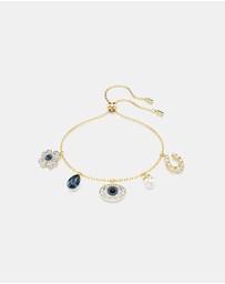 Swarovski - Symbolica bracelet, Crystal pearl, Clover, evil eye and horseshoe, Blue, Gold-tone plated