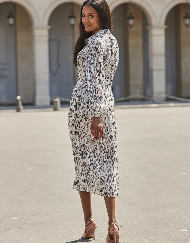 Sosandar - Grey Leopard Print Belted Shirt Dress