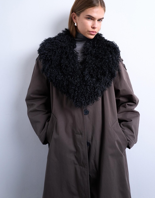 TOPSHOP - Faux Fur Collar Belted Trench Coat