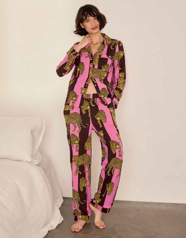 Chelsea Peers - Organic Cotton Stripe Leopard Long Pyjama Set