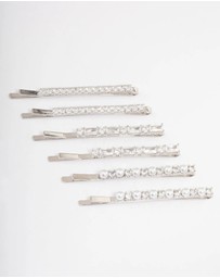 Lovisa - Silver Plated Cubic Zirconia Mixed Stone & Pearl Hair Clips 6-Pack