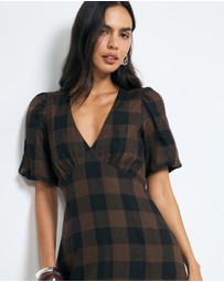 AERE - Inka Linen Gingham Puff Sleeve Midi Dress