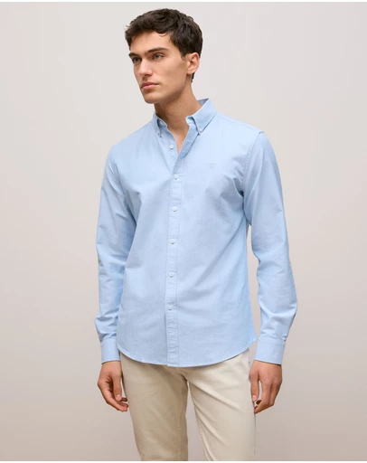 Trenery - Regular Fit Yarn Dyed Cotton Monogram Oxford Shirt in Light Blue